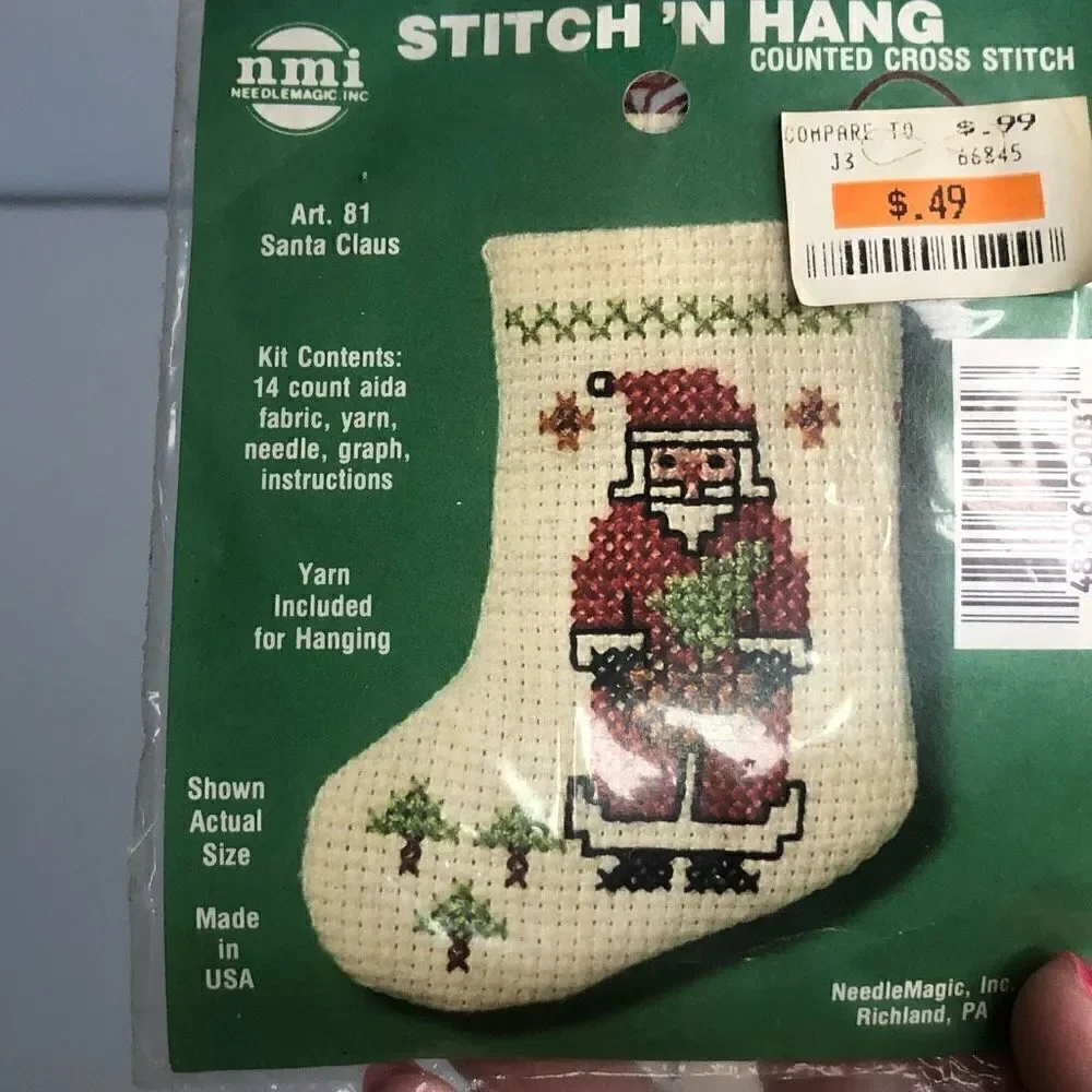 vintage needle art stitch and hang mini santa stocking‎ mini santa lace ornament